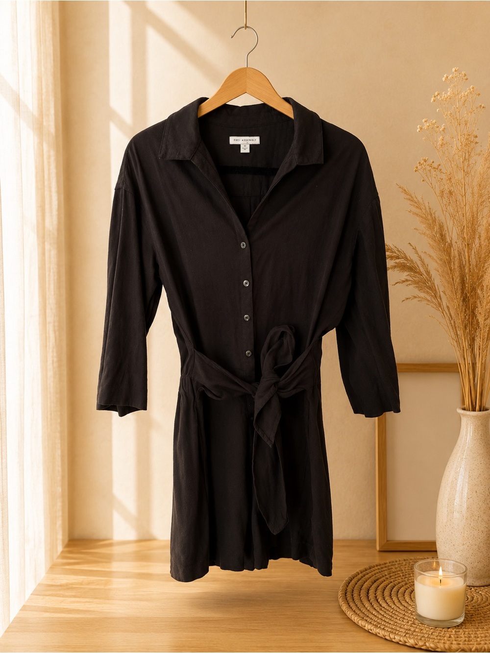 Black Button-Front Romper with shorts with Self-Tie Waist